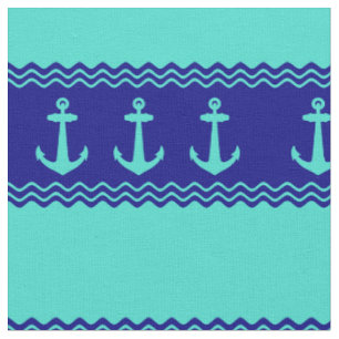 Turquoise And Navy Blue Coastal Pattern Anchors Fabric