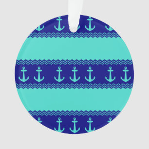 Turquoise And Navy Blue Coastal Pattern Anchors Ornament
