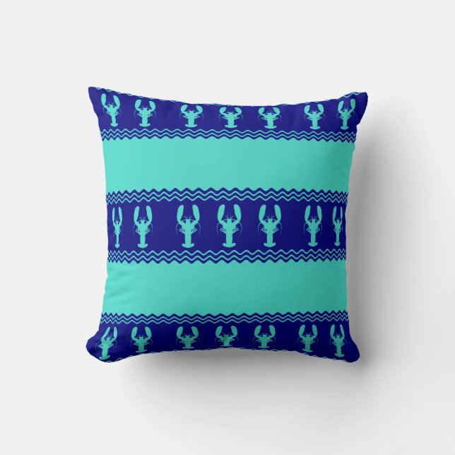 Turquoise and Navy Blue Coastal Pattern Lobster Throw Pillow (Front)