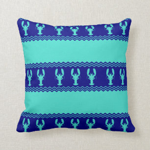 Turquoise and Navy Blue Coastal Pattern Lobster Throw Pillow