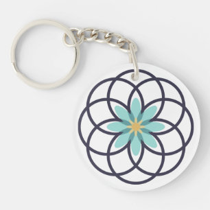 Turquoise and Navy Blue Flower Design Acrylic Keychain