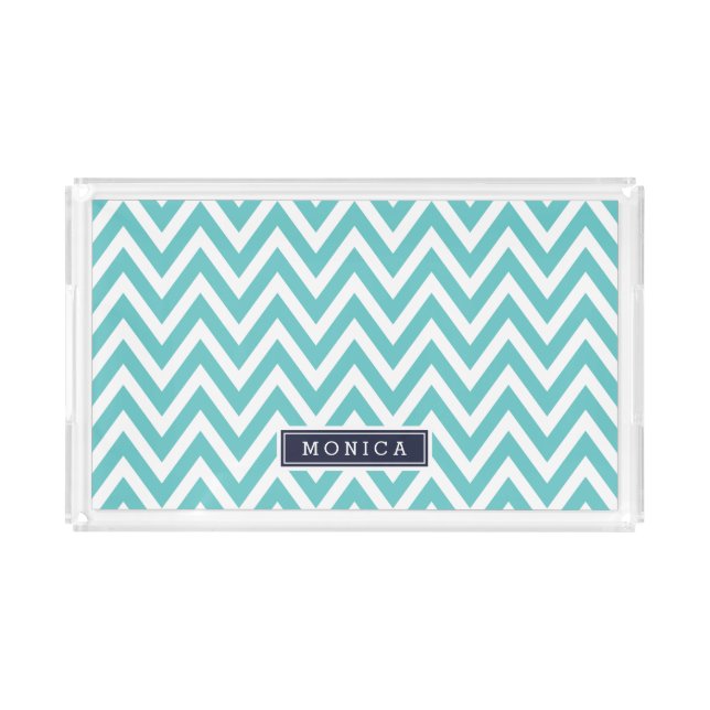 Turquoise and Navy Chevron Monogram Acrylic Tray (Front)