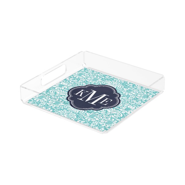 Turquoise and Navy Floral Damask Monogram Acrylic Tray (Angled)