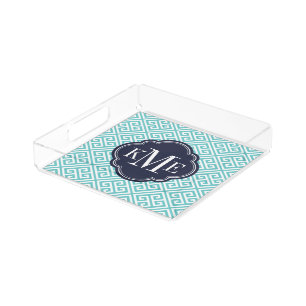 Turquoise and Navy Greek Key Monogram Acrylic Tray