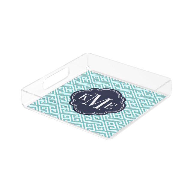Turquoise and Navy Greek Key Monogram Acrylic Tray (Angled)