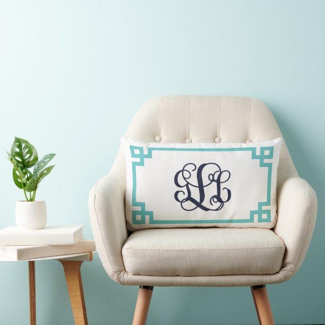Turquoise and Navy Greek Key Script Monogram Lumbar Pillow (Chair)