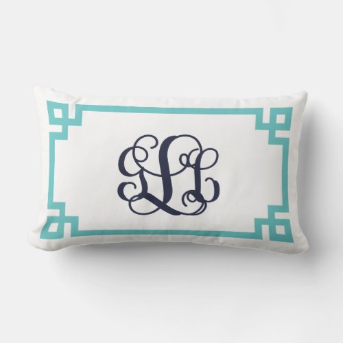 Turquoise and Navy Greek Key Script Monogram Lumbar Pillow