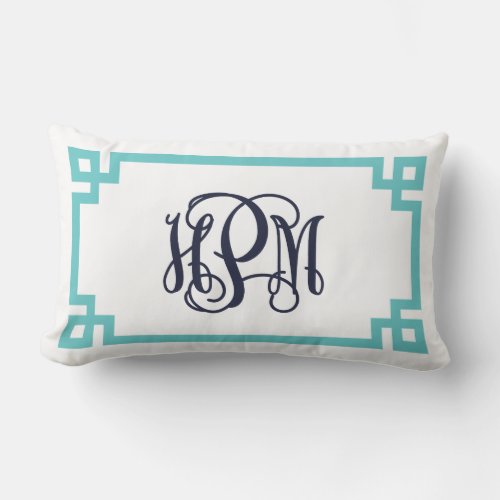 Turquoise and Navy Greek Key Script Monogram Lumbar Pillow