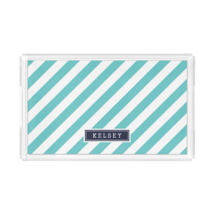 Turquoise and Navy Preppy Stripes Monogram Acrylic Tray