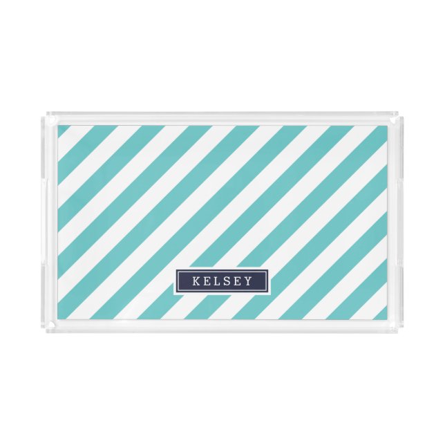Turquoise and Navy Preppy Stripes Monogram Acrylic Tray (Front)
