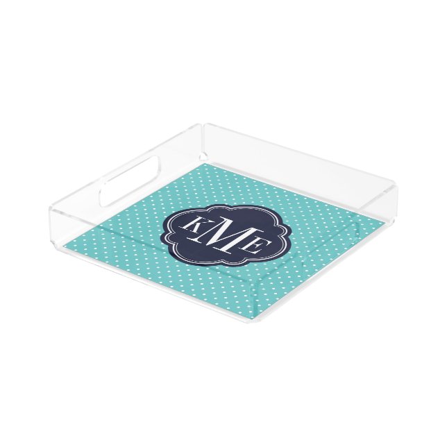 Turquoise and Navy Tiny Dots Monogram Acrylic Tray (Angled)