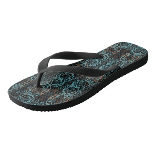 Turquoise and orange abstract flip flops