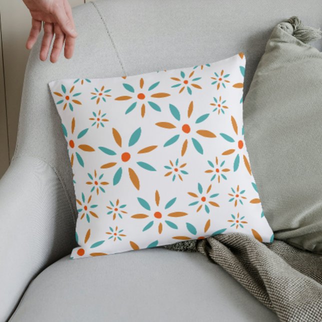 Turquoise And Orange Mid Century Modern Flowers Throw Pillow (Creator Uploaded)
