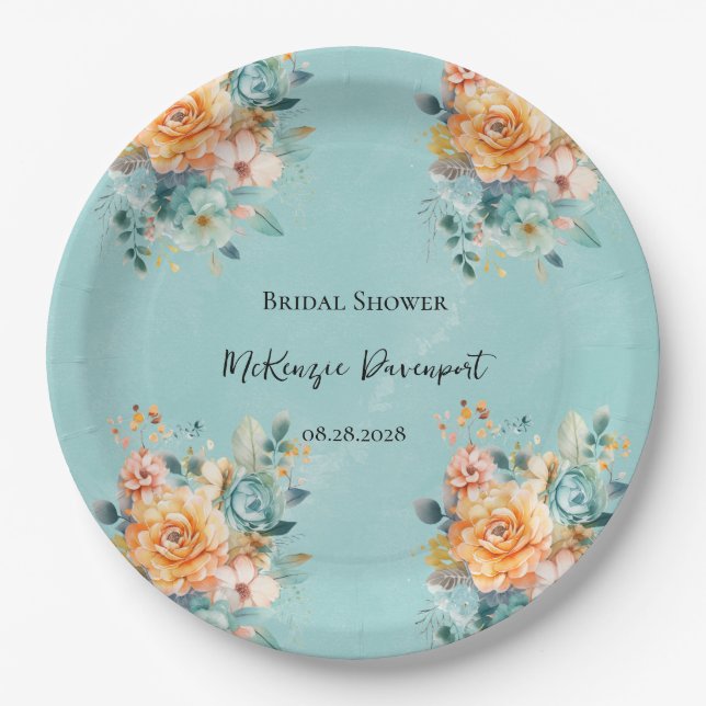 Turquoise and Orange Peony Chic Bridal Shower Paper Plates (Front)