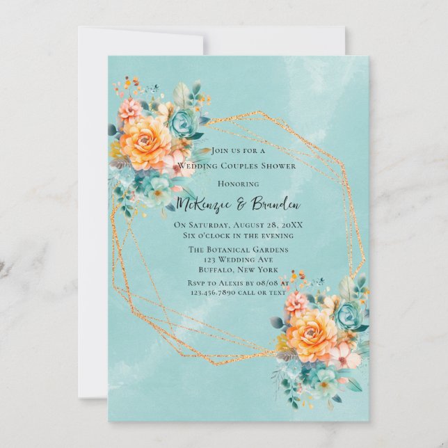 Turquoise and Orange Peony Wedding Couples Shower Invitation (Front)