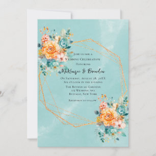 Turquoise and Orange Peony Wedding Invitation