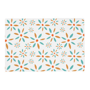 Turquoise And Orange Retro Flowers Mid Mod Pattern Placemat
