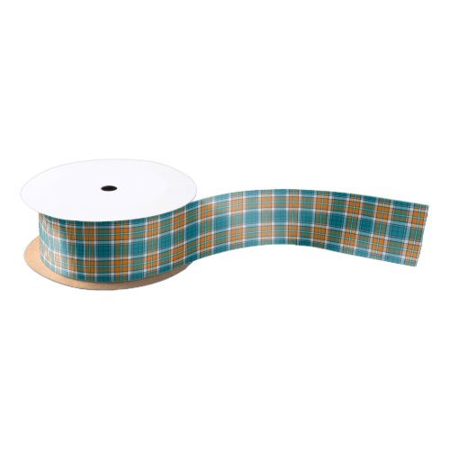 Turquoise and Orange Sporty Plaid Pattern Satin Ribbon