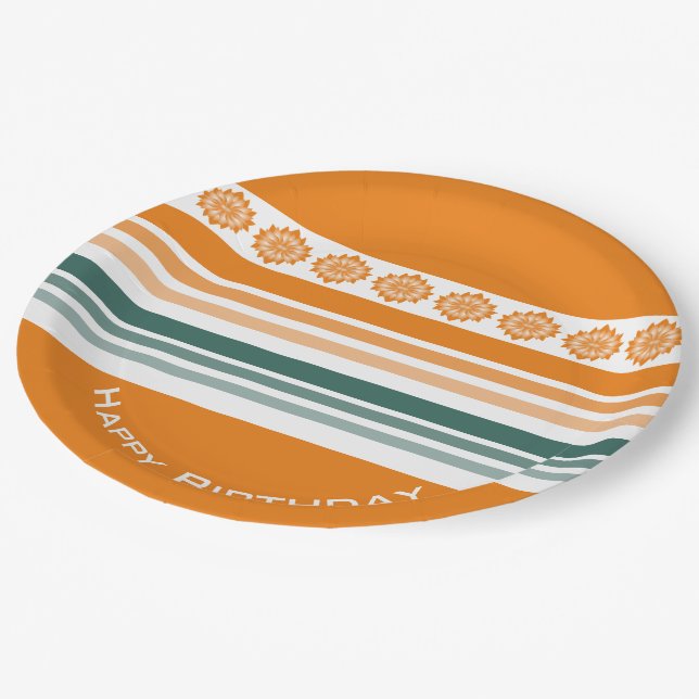 Turquoise And Orange Stripe Paper Plates (Angled)