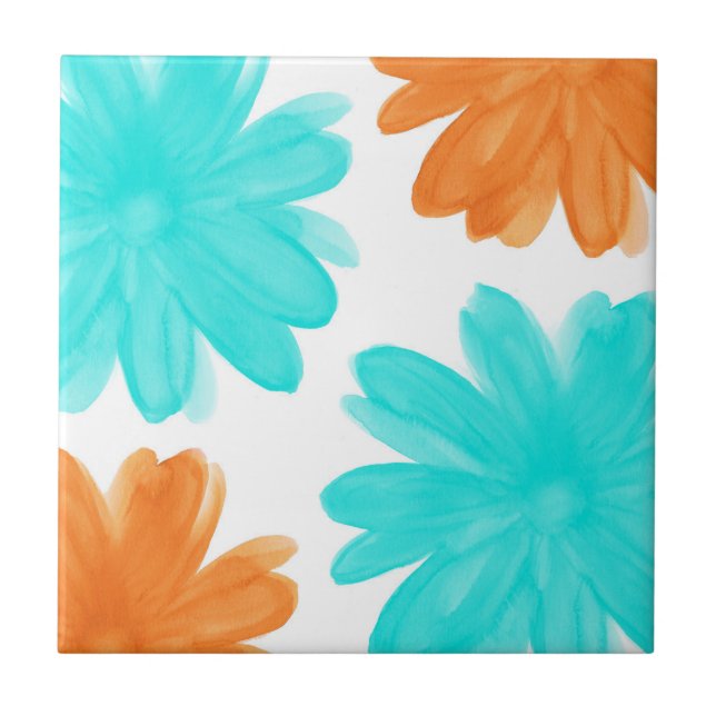 Turquoise and Orange Watercolor Flowers Ceramic Tile (Front)