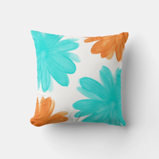 Turquoise and Orange Watercolor Flowers Throw Pillow (Front)
