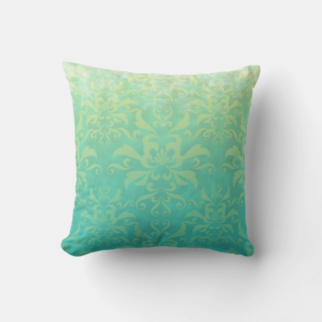 Turquoise and Pale Yellow Damask Throw Pillow (Front)