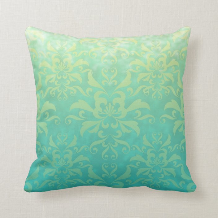 Turquoise and Pale Yellow Damask Throw Pillow