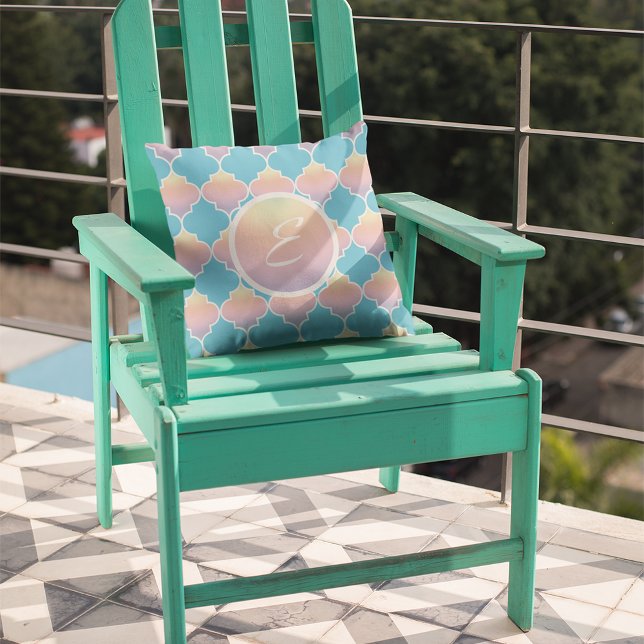 Turquoise And Pastel Quatrefoil Monogram Outdoor Pillow (Creator Uploaded)