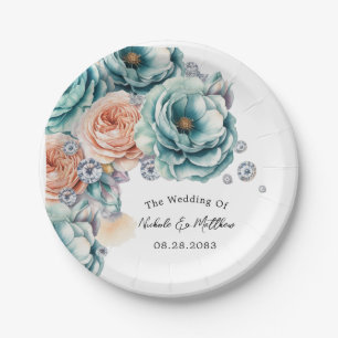 Turquoise and Peach Diamond Wedding Paper Plates