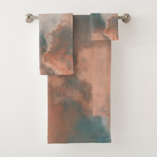 Turquoise and Peach Marble abstract Bath Towel Set