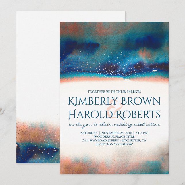 Turquoise and Peach Modern Watercolor Wedding Invitation (Front/Back)