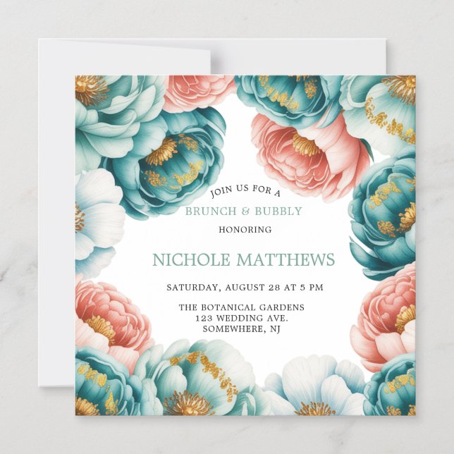 Turquoise and Peach Roses Brunch & Bubbly Magnetic Invitation (Front)