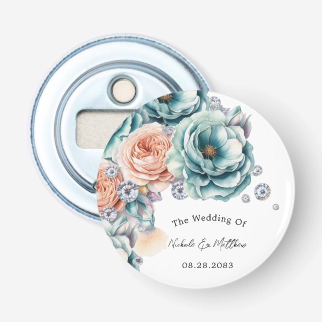 Turquoise and Peach Roses Diamond Wedding Favor Bottle Opener (Front)