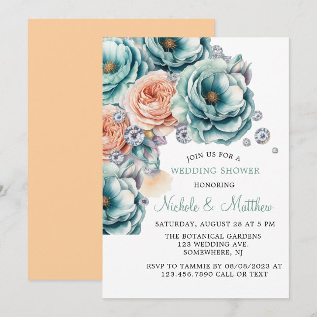 Turquoise and Peach Roses Diamond Wedding Invitation (Front/Back)