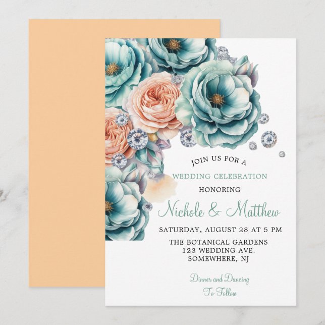 Turquoise and Peach Roses Diamond Wedding Invitation (Front/Back)