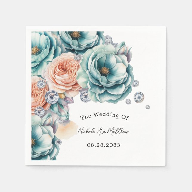 Turquoise and Peach Roses Diamond Wedding Napkins (Front)