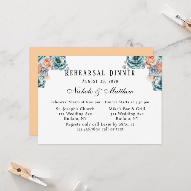 Turquoise And Peach Roses Rehearsal Dinner  Invitation (Front/Back In Situ)