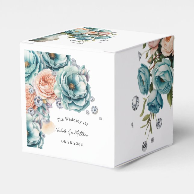 Turquoise and Peach Roses Wedding Favor Boxes (Front Side)