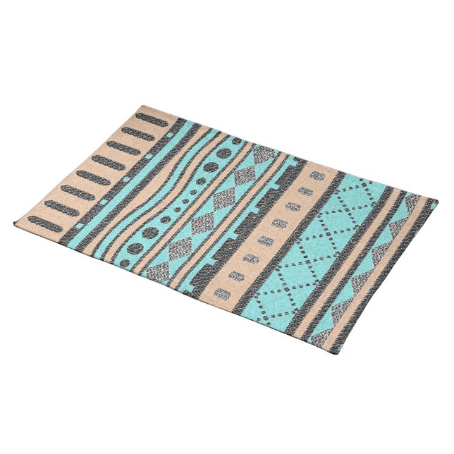 Turquoise And Peach Tribal Pattern Placemat (On Table)