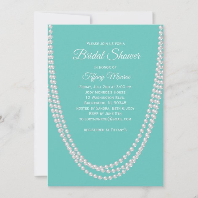 Turquoise and Pearls Bridal Shower Invite white (Front)