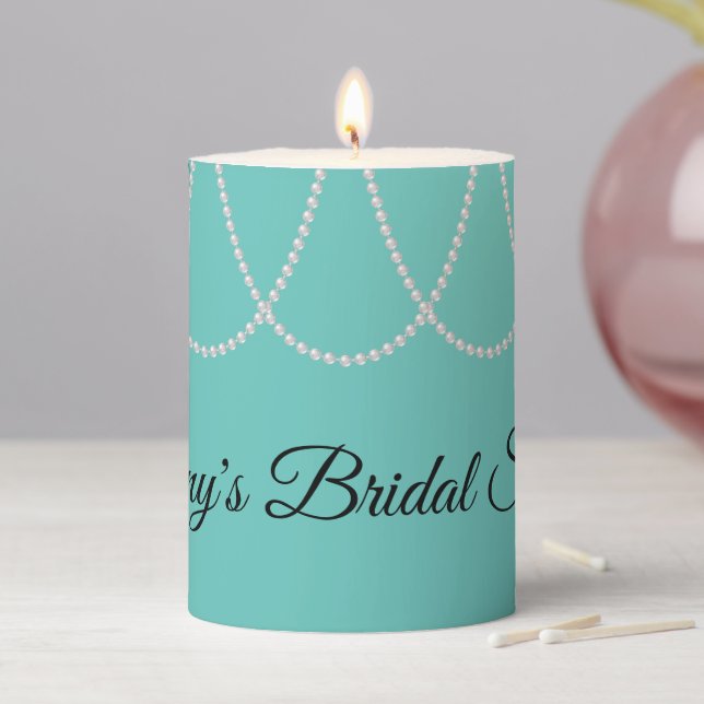 Turquoise and Pearls Bridal Shower Pillar Candle (In Situ)