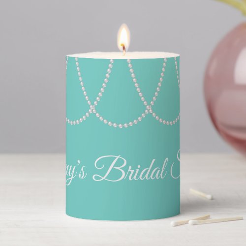 Turquoise and Pearls Bridal Shower white Pillar Candle