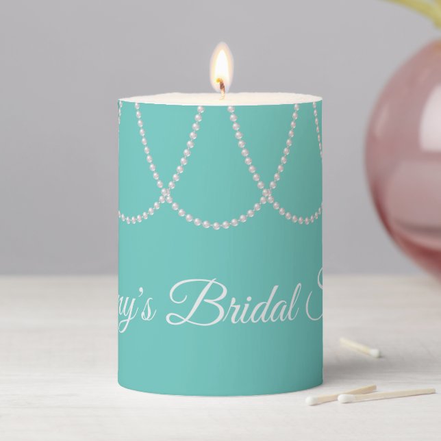 Turquoise and Pearls Bridal Shower white Pillar Candle (In Situ)