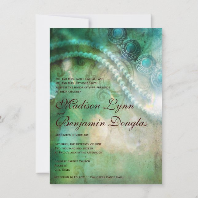 Turquoise and Pearls Rustic Wedding Invitations (Front)