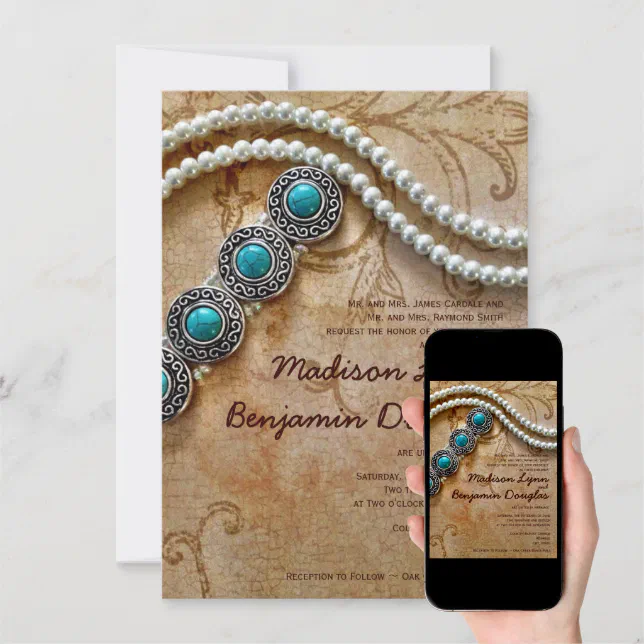 Turquoise And Pearls Rustic Wedding Invitations Zazzle