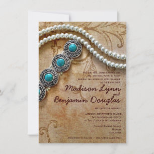 Turquoise and Pearls Rustic Wedding Invitations