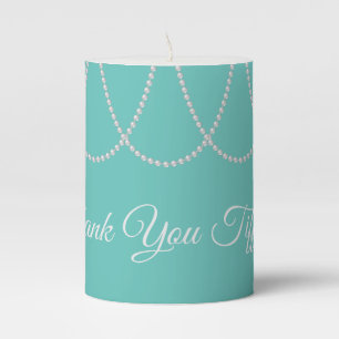 Turquoise and Pearls Thank You white Pillar Candle