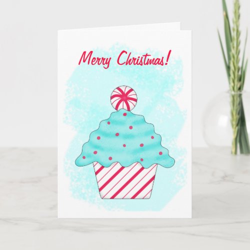 Turquoise and Peppermint Cupcake Merry Christmas Holiday Card