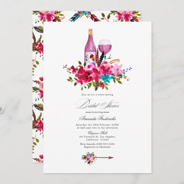 Turquoise and Pink Boho Chic Wine Bridal Shower Invitation (Front/Back)