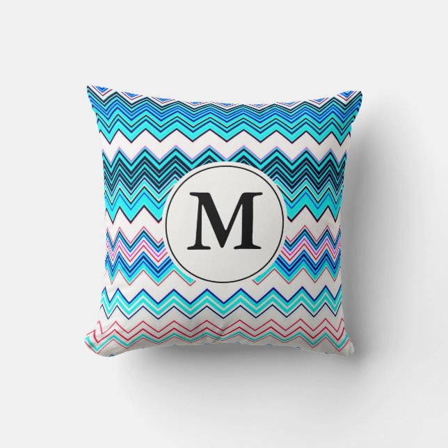 Turquoise and Pink Chevron with Custom Monogram Throw Pillow (Front)